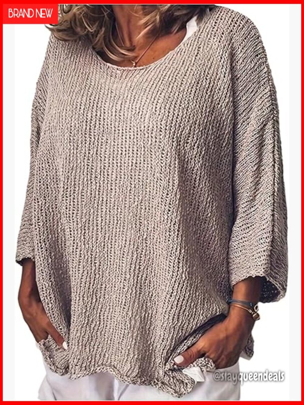 Plus Size 3/4 Sleeve Boat Neck Sweater Loose Knit Pullover
